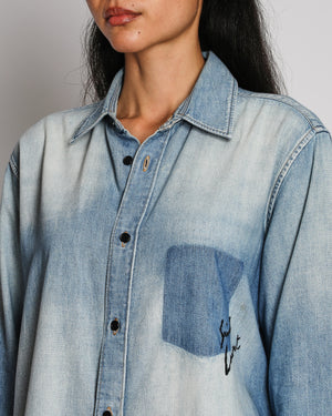Saint Laurent Blue Denim Long Sleeve Shirt with Embroidered Logo Detail Size M (UK 10)
