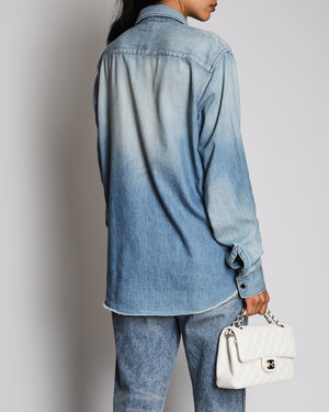 Saint Laurent Blue Denim Long Sleeve Shirt with Embroidered Logo Detail Size M (UK 10)