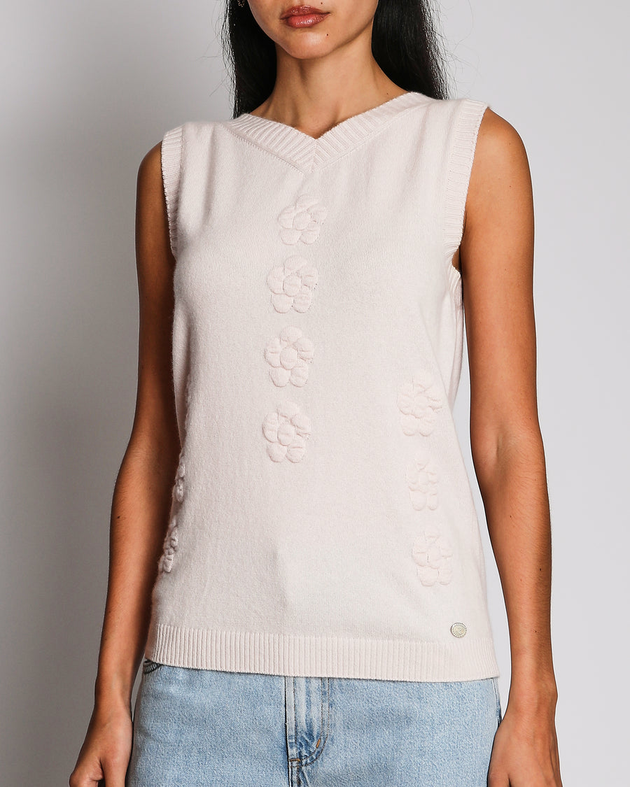 Chanel Fall 2022 Baby Pink Cashmere Vest with Knit Floral Details Size FR 38 (UK 10)