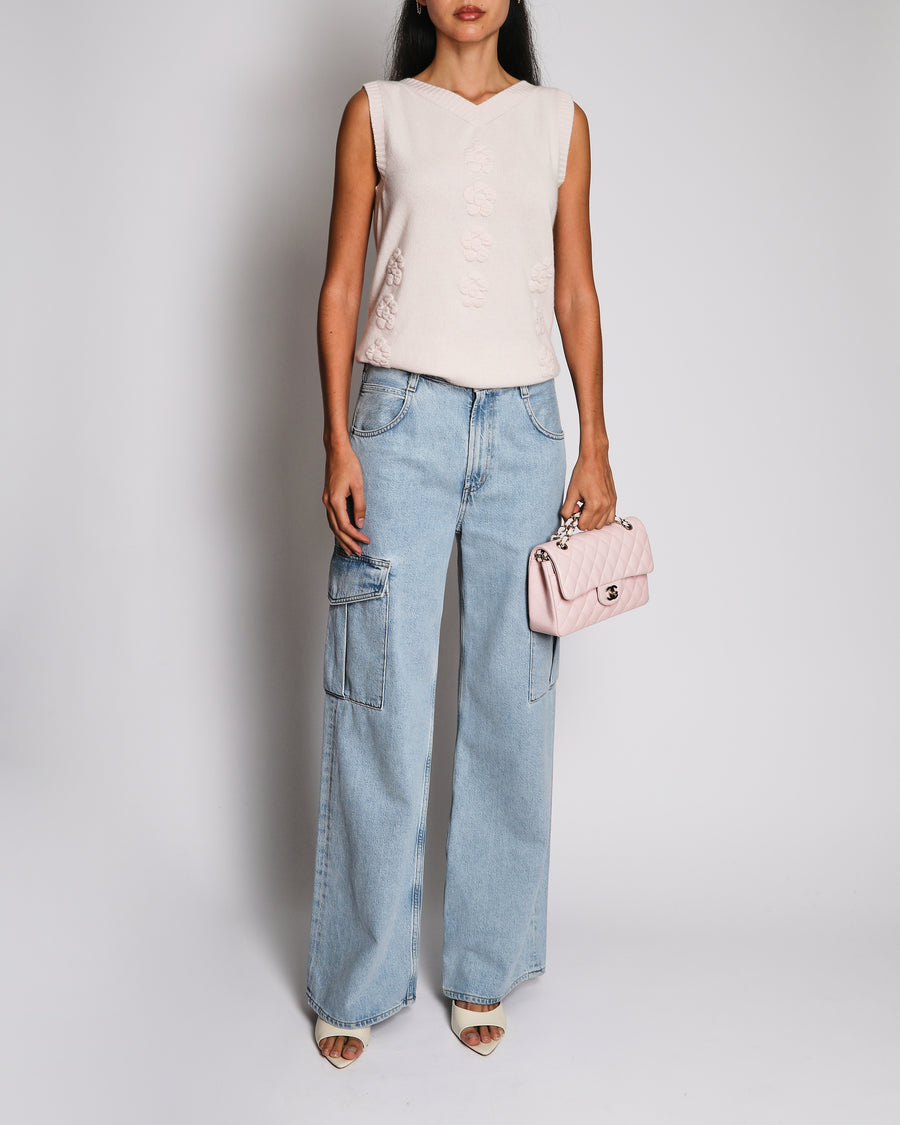 Chanel Fall 2022 Baby Pink Cashmere Vest with Knit Floral Details Size FR 38 (UK 10)
