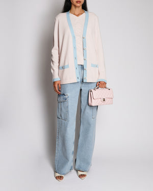 Chanel 24/S Baby Pink Cashmere Cardigan with Blue Contrast Trim and White CC Button Details Size FR 38 (UK 10)