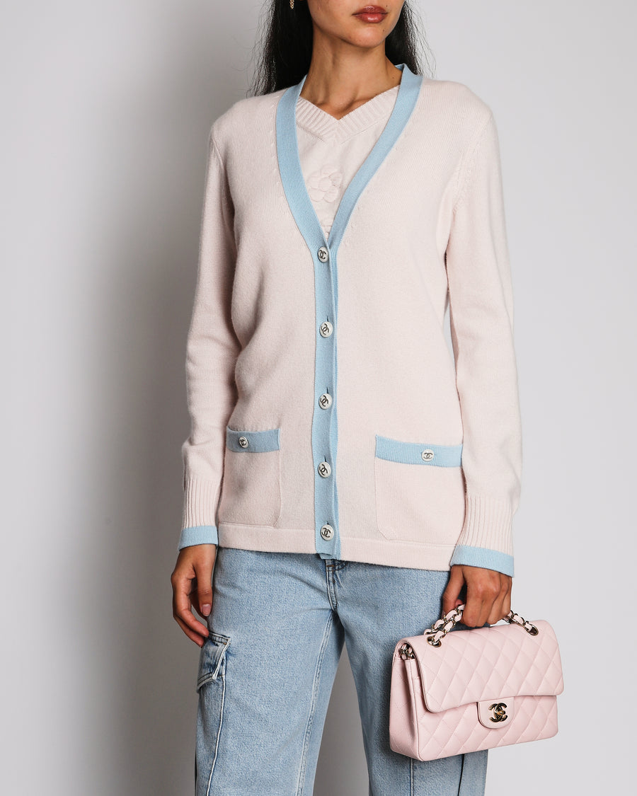 Chanel 24/S Baby Pink Cashmere Cardigan with Blue Contrast Trim and White CC Button Details Size FR 38 (UK 10)