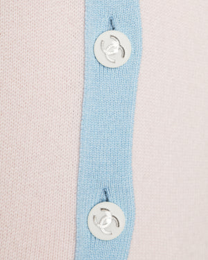 Chanel 24/S Baby Pink Cashmere Cardigan with Blue Contrast Trim and White CC Button Details Size FR 38 (UK 10)