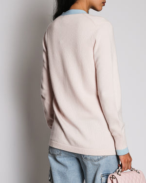 Chanel 24/S Baby Pink Cashmere Cardigan with Blue Contrast Trim and White CC Button Details Size FR 38 (UK 10)