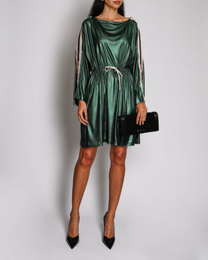 Gucci Metallic Green Knit Long Sleeve Mini Dress with Logo Print Sleeves and Adjustable Waistband Detail Size L (UK 12)