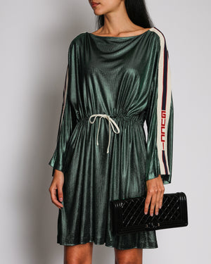 Gucci Metallic Green Knit Long Sleeve Mini Dress with Logo Print Sleeves and Adjustable Waistband Detail Size L (UK 12)