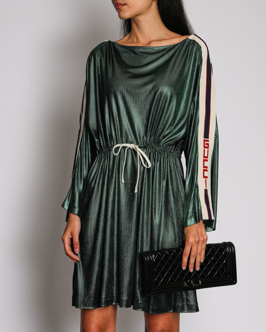 Gucci Metallic Green Knit Long Sleeve Mini Dress with Logo Print Sleeves and Adjustable Waistband Detail Size L (UK 12)