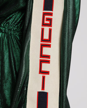 Gucci Metallic Green Knit Long Sleeve Mini Dress with Logo Print Sleeves and Adjustable Waistband Detail Size L (UK 12)