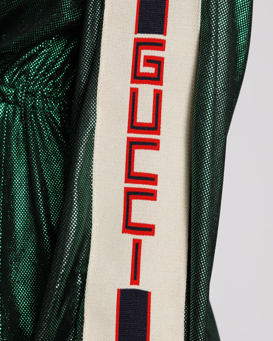 Gucci Metallic Green Knit Long Sleeve Mini Dress with Logo Print Sleeves and Adjustable Waistband Detail Size L (UK 12)