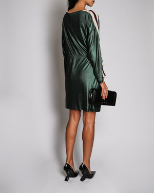 Gucci Metallic Green Knit Long Sleeve Mini Dress with Logo Print Sleeves and Adjustable Waistband Detail Size L (UK 12)