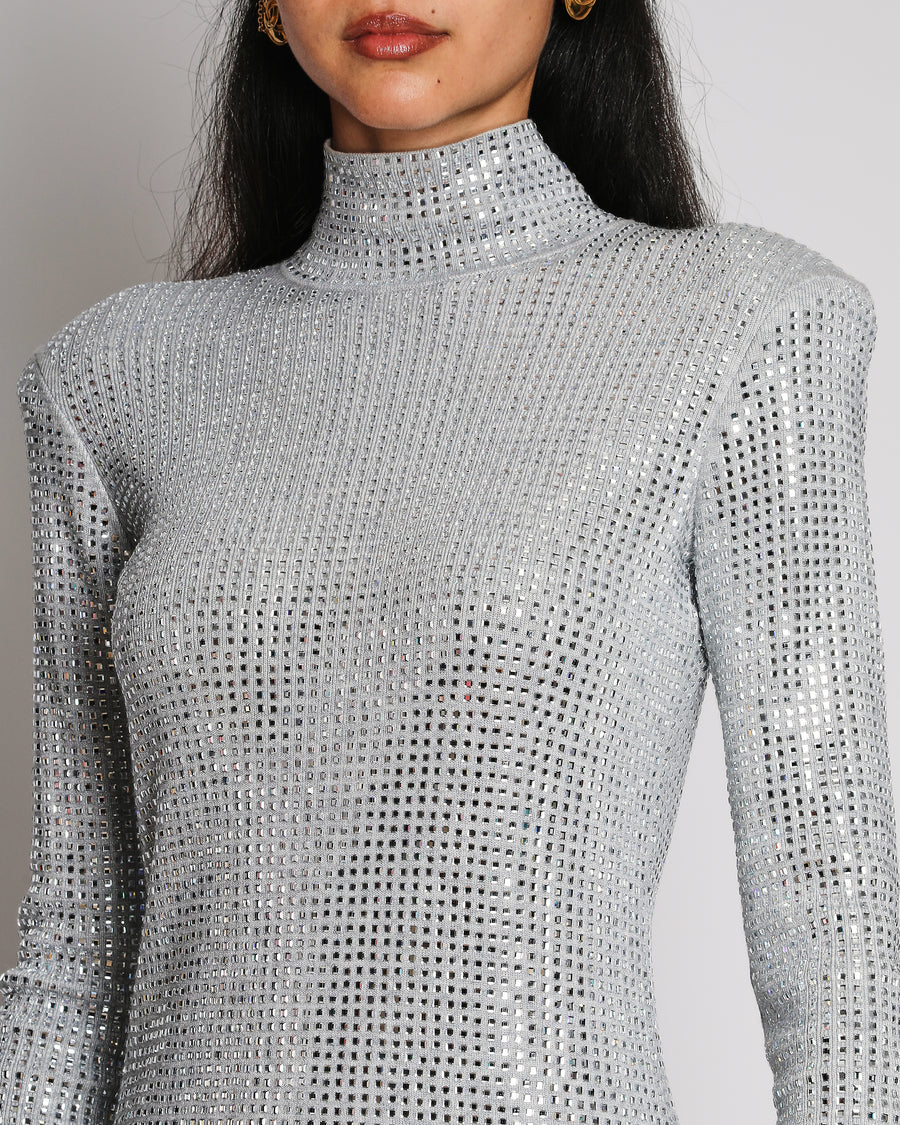 Retrofete Silver Aisling Sequin-Embellished Long Sleeve Mini Dress Size S (UK 8) RRP £675