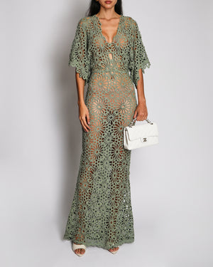 Norma Kamali Sage Green Obie Gown Dress with Open Crochet Details Size XS (UK 6)