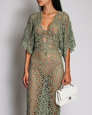 Norma Kamali Sage Green Obie Gown Dress with Open Crochet Details Size XS (UK 6)