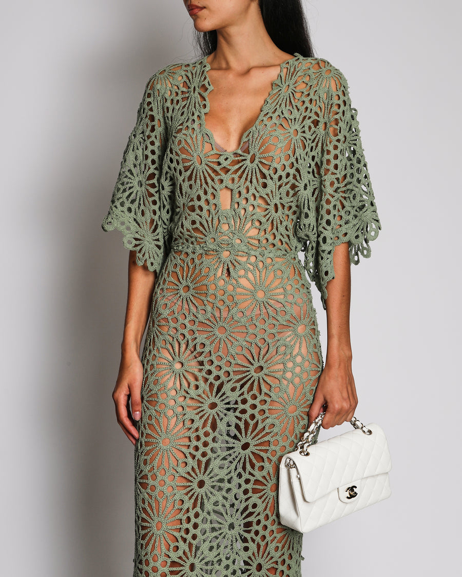 Norma Kamali Sage Green Obie Gown Dress with Open Crochet Details Size XS (UK 6)