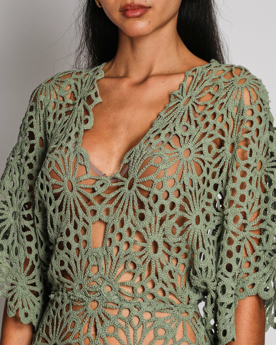 Norma Kamali Sage Green Obie Gown Dress with Open Crochet Details Size XS (UK 6)