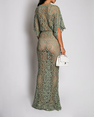 Norma Kamali Sage Green Obie Gown Dress with Open Crochet Details Size XS (UK 6)
