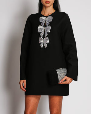 Valentino Black Long Sleeve Mini Dress with Silver Sequin Bow Details Size IT 42 (UK 10) RRP £2,970