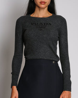 Prada Grey Wool Crew Neck Jumper With Prada Logo Size IT 42 (UK 10) RRP £1,240