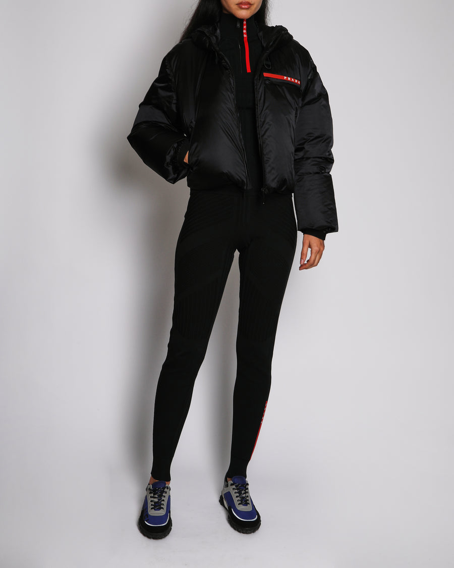 Prada Black Linea Rossa Puffer Coat With Red Prada Detail Size XS (UK 6)