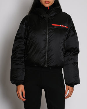 Prada Black Linea Rossa Puffer Coat With Red Prada Detail Size XS (UK 6)