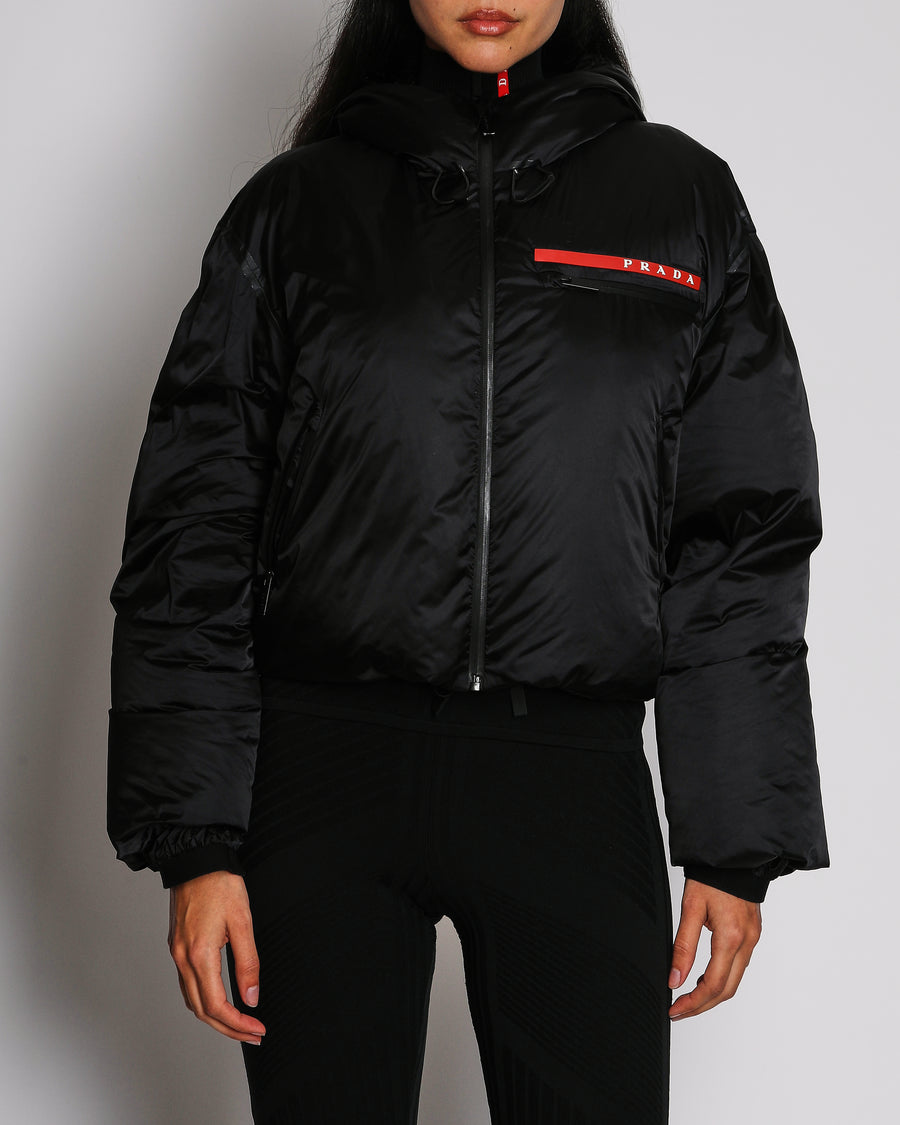 Prada Black Linea Rossa Puffer Coat With Red Prada Detail Size XS (UK 6)