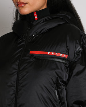 Prada Black Linea Rossa Puffer Coat With Red Prada Detail Size XS (UK 6)