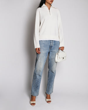 Chanel Cashmere Half-Zip Cream Pullover Jumper with White Trim Detail Size FR 36 (UK 8)