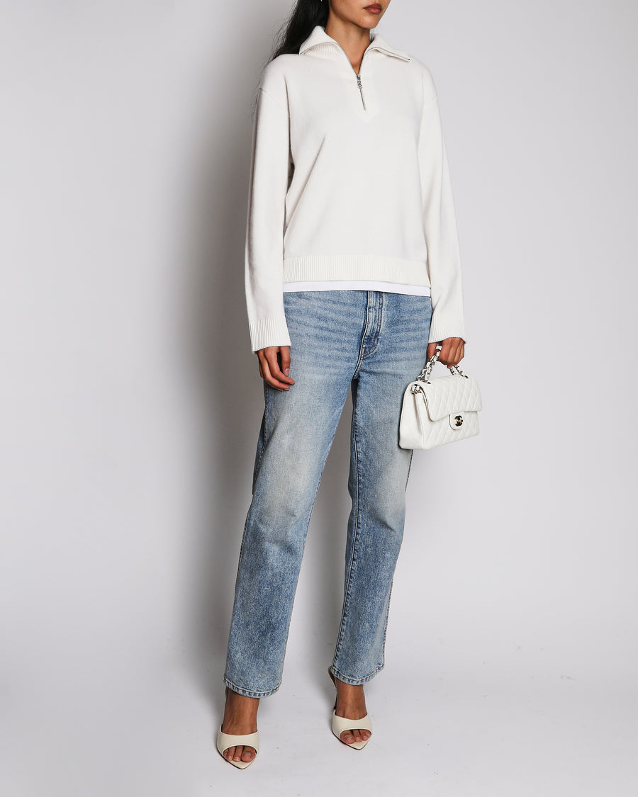 Chanel Cashmere Half-Zip Cream Pullover Jumper with White Trim Detail Size FR 36 (UK 8)