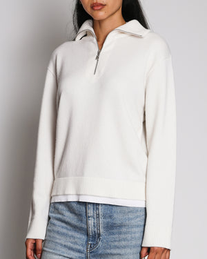 Chanel Cashmere Half-Zip Cream Pullover Jumper with White Trim Detail Size FR 36 (UK 8)