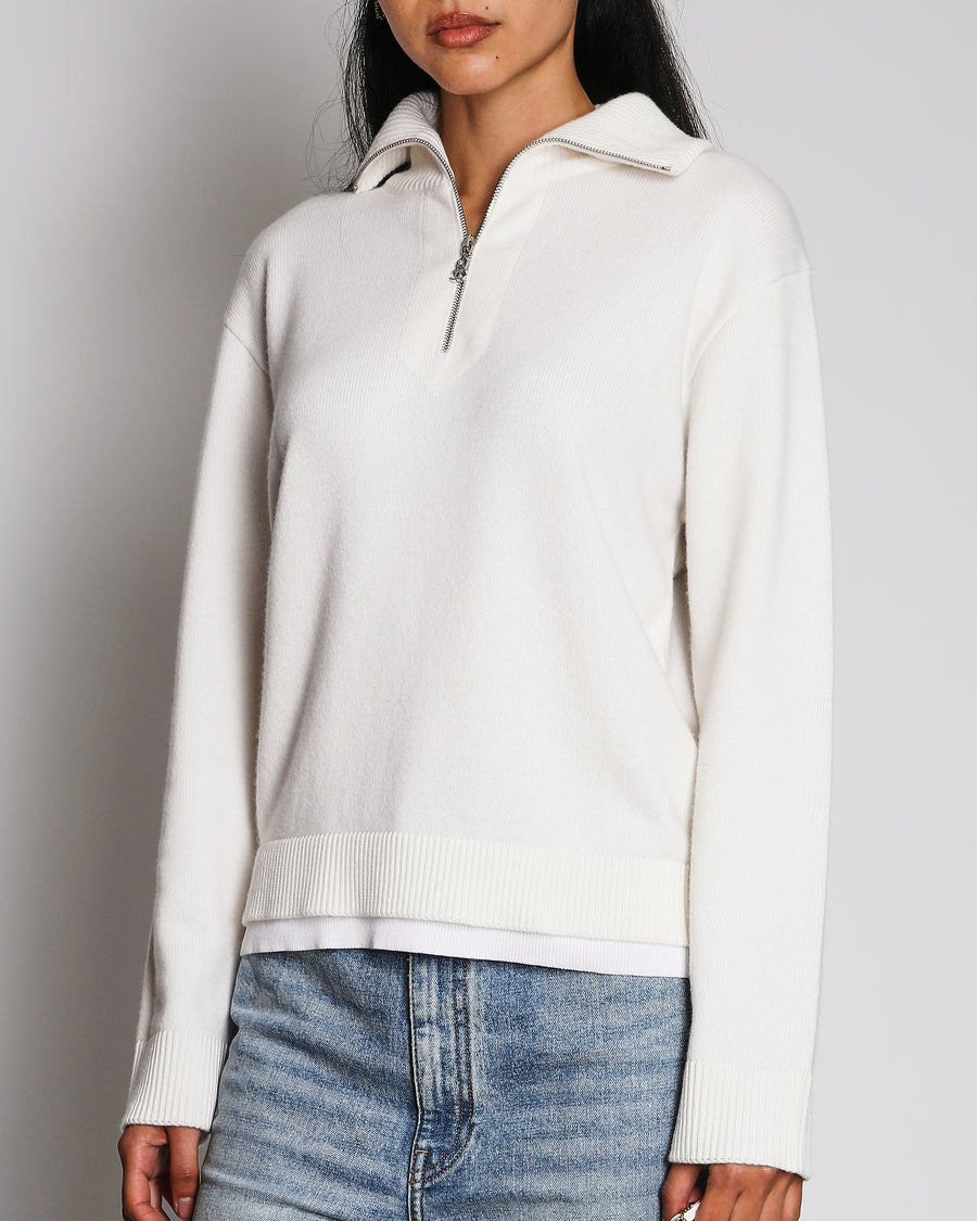 Chanel Cashmere Half-Zip Cream Pullover Jumper with White Trim Detail Size FR 36 (UK 8)