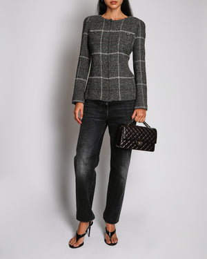 Chanel Grey A08 Wool Checked Jacket With Button Front Patch Pockets Size FR 40 (UK 12)