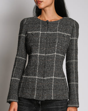 Chanel Grey A08 Wool Checked Jacket With Button Front Patch Pockets Size FR 40 (UK 12)
