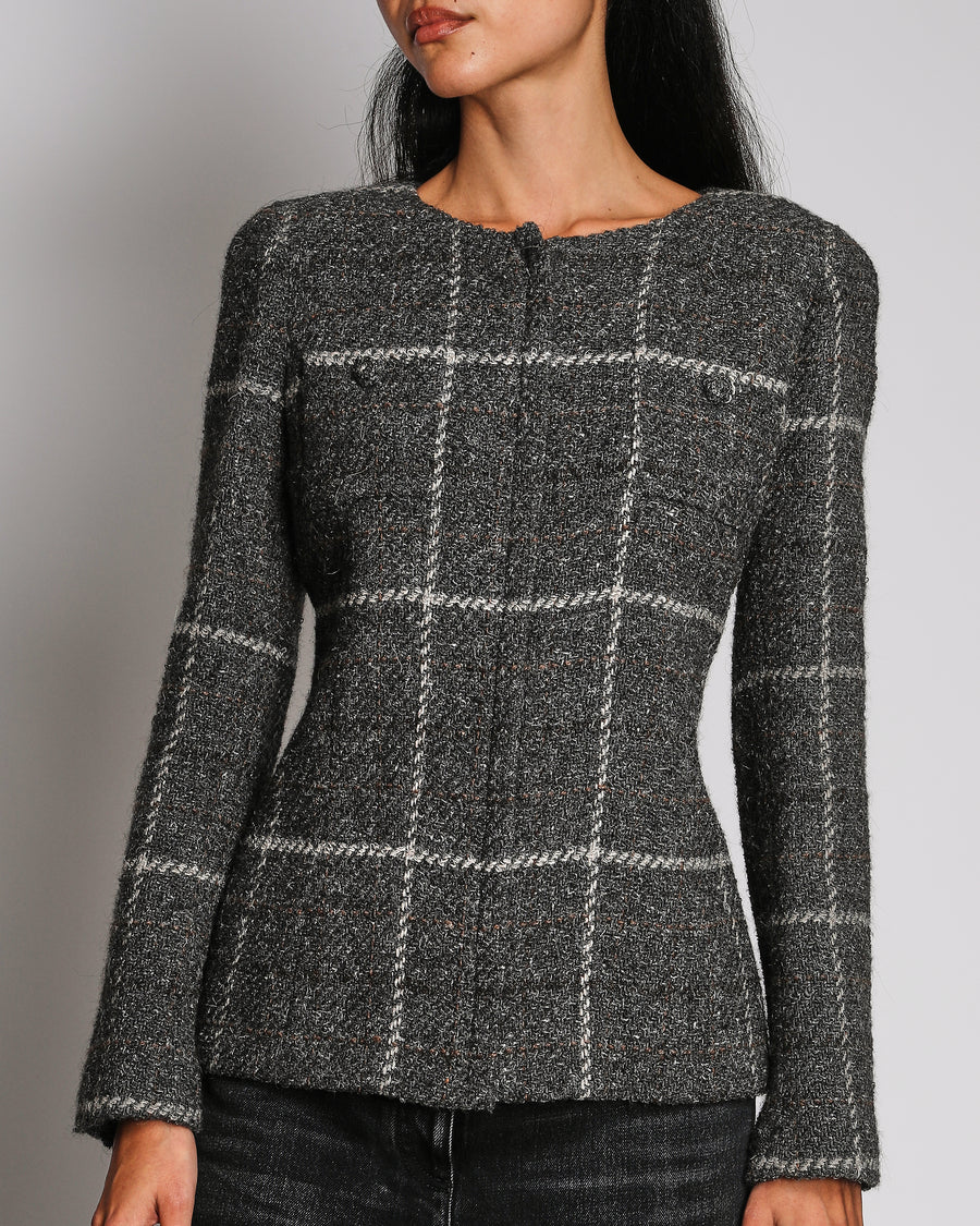 Chanel Grey A08 Wool Checked Jacket With Button Front Patch Pockets Size FR 40 (UK 12)