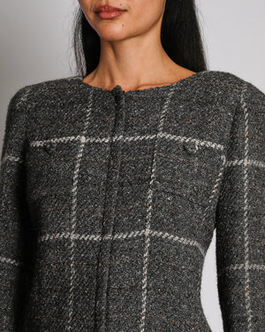 Chanel Grey A08 Wool Checked Jacket With Button Front Patch Pockets Size FR 40 (UK 12)