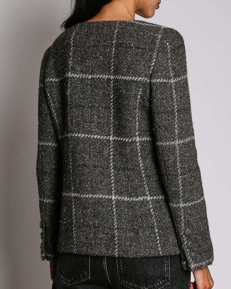 Chanel Grey A08 Wool Checked Jacket With Button Front Patch Pockets Size FR 40 (UK 12)