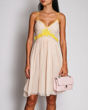 Bottega Veneta Pale Pink And Yellow Silk Lace Trim Midi Dress Size IT 40 (UK 8)