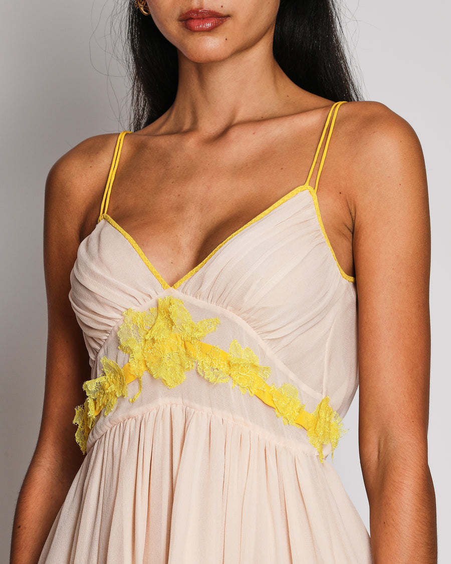 Bottega Veneta Pale Pink And Yellow Silk Lace Trim Midi Dress Size IT 40 (UK 8)