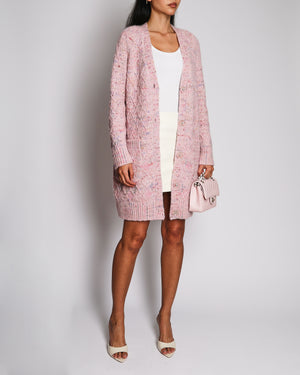 Chanel 17A Métiers d'Art Pink Knitted Long Cardigan with Multicolour Sequins and Transparent CC Button Details Size FR 38 (UK 10)