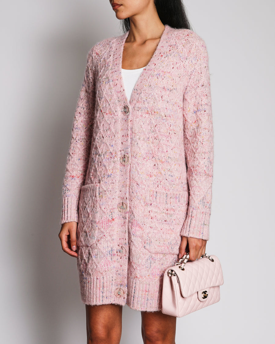 Chanel 17A Métiers d'Art Pink Knitted Long Cardigan with Multicolour Sequins and Transparent CC Button Details Size FR 38 (UK 10)