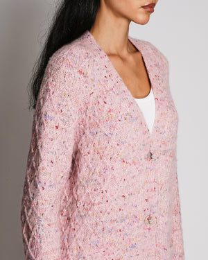 Chanel 17A Métiers d'Art Pink Knitted Long Cardigan with Multicolour Sequins and Transparent CC Button Details Size FR 38 (UK 10)