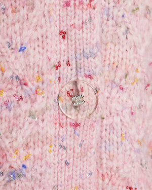 Chanel 17A Métiers d'Art Pink Knitted Long Cardigan with Multicolour Sequins and Transparent CC Button Details Size FR 38 (UK 10)