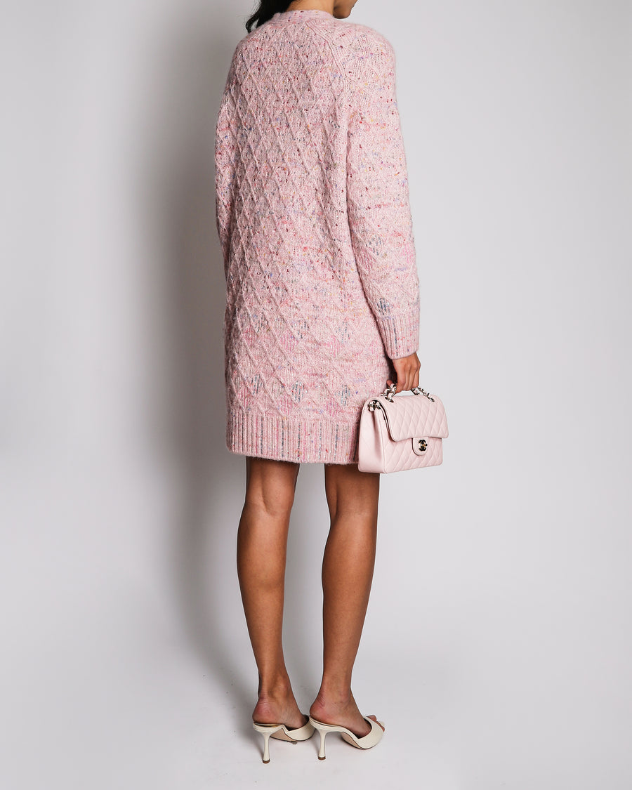 Chanel 17A Métiers d'Art Pink Knitted Long Cardigan with Multicolour Sequins and Transparent CC Button Details Size FR 38 (UK 10)