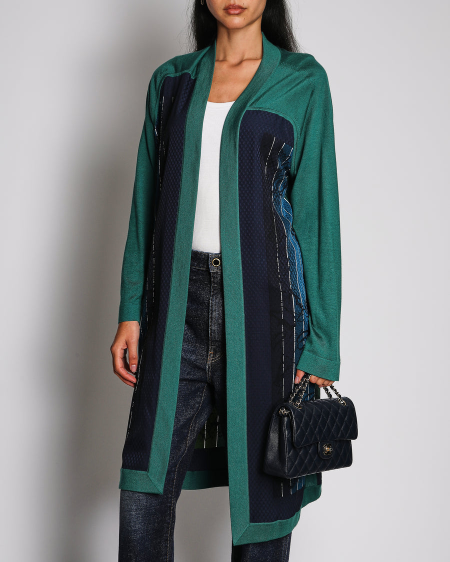 Hermès Green and Blue "Jungle Love" Long Sleeve Silk and Cashmere Cardigan with Floral and Leopard Design Size FR 42 (UK 14) RRP £3,000