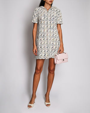 Chanel 18P Multi-Colour Tweed Mini Dress with Hood and Front Silver Zip Detail Size FR 38 (UK 10)