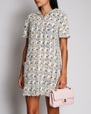 Chanel 18P Multi-Colour Tweed Mini Dress with Hood and Front Silver Zip Detail Size FR 38 (UK 10)