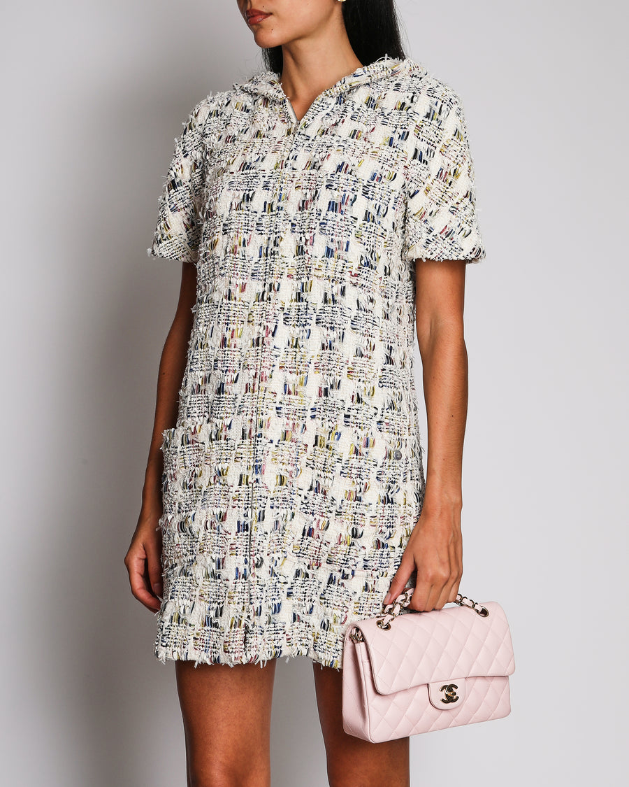 Chanel 18P Multi-Colour Tweed Mini Dress with Hood and Front Silver Zip Detail Size FR 38 (UK 10)