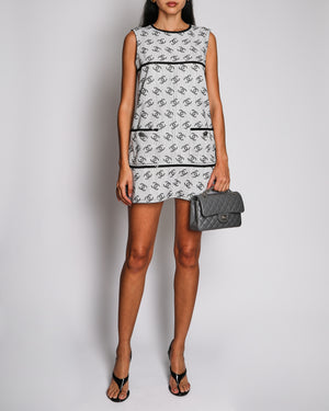 Chanel 22/S Runway Grey Denim Sleeveless Mini Dress with CC Monogram Print and Black Sequin Details Size FR 38 (UK 10)