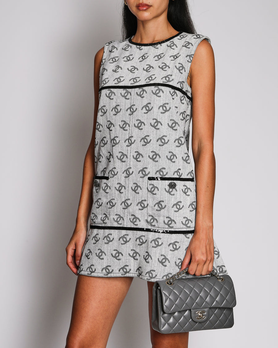 Chanel 22/S Runway Grey Denim Sleeveless Mini Dress with CC Monogram Print and Black Sequin Details Size FR 38 (UK 10)