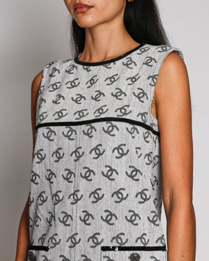 Chanel 22/S Runway Grey Denim Sleeveless Mini Dress with CC Monogram Print and Black Sequin Details Size FR 38 (UK 10)