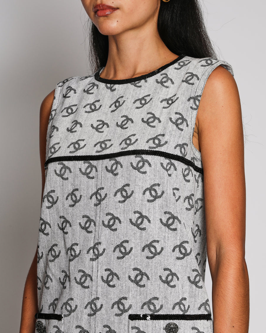 Chanel 22/S Runway Grey Denim Sleeveless Mini Dress with CC Monogram Print and Black Sequin Details Size FR 38 (UK 10)